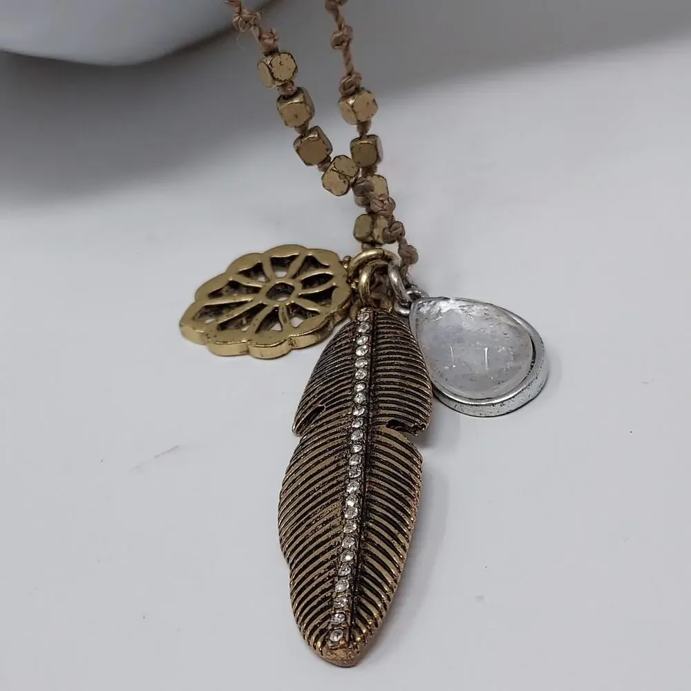 Lucky Brand Pendant Necklace Aged Gold Tone Stone Metal Rhinestone Charms Boho